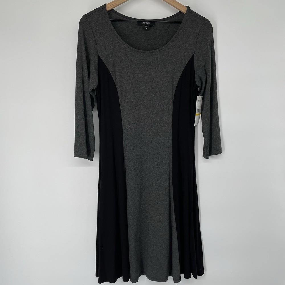 NWT‎ Karen Kane Knee Length A-Line Dress Med Color Block Black Gray Stretch USA